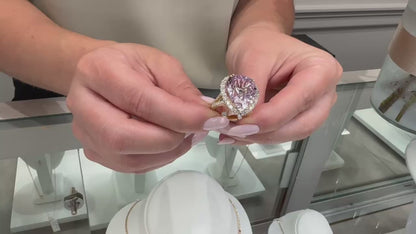 Pear Shaped Kunzite Set in Diamond Halo Ring in 14K Yellow Gold
