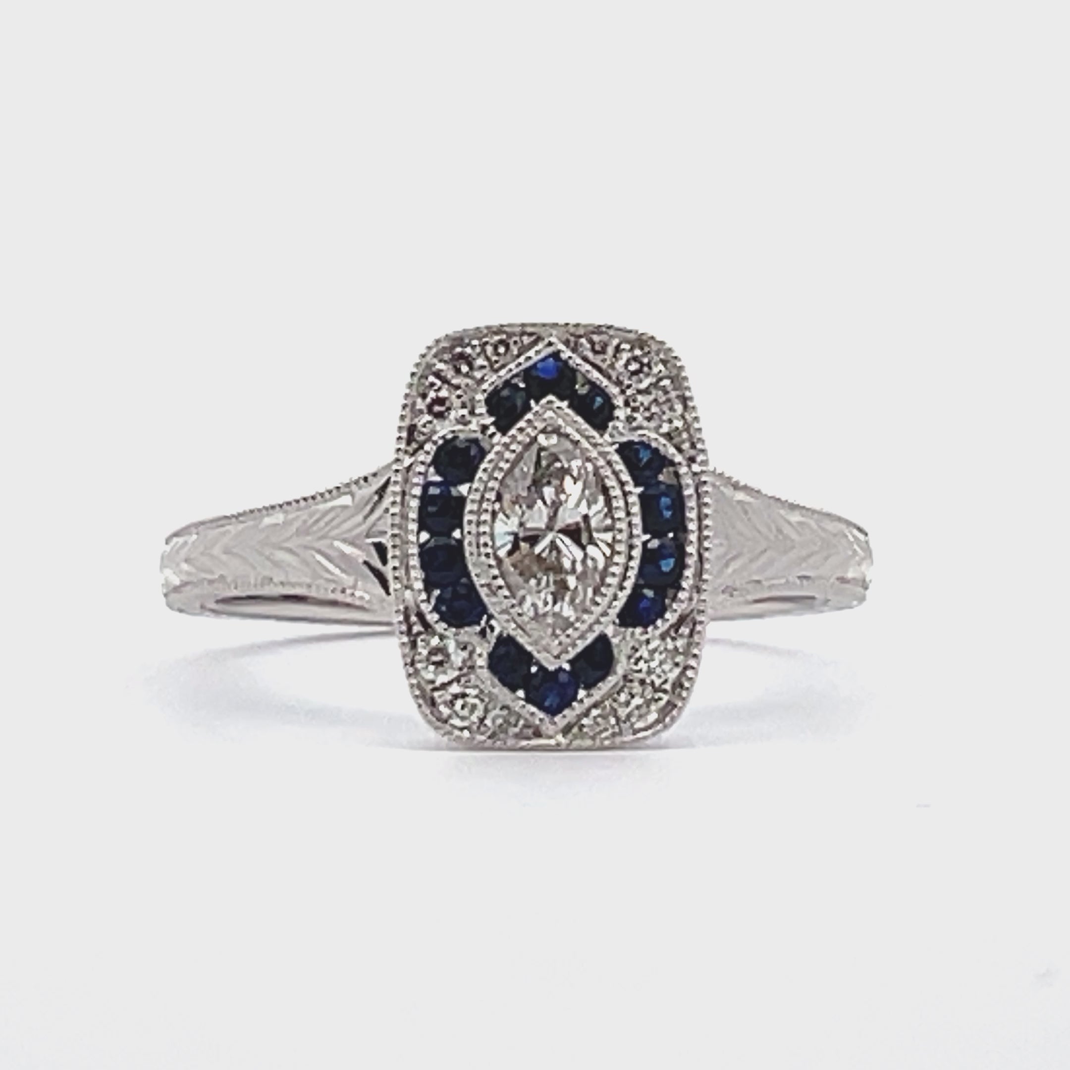 14K White Gold Antique Inspired Ring with Diamond and Sapphire