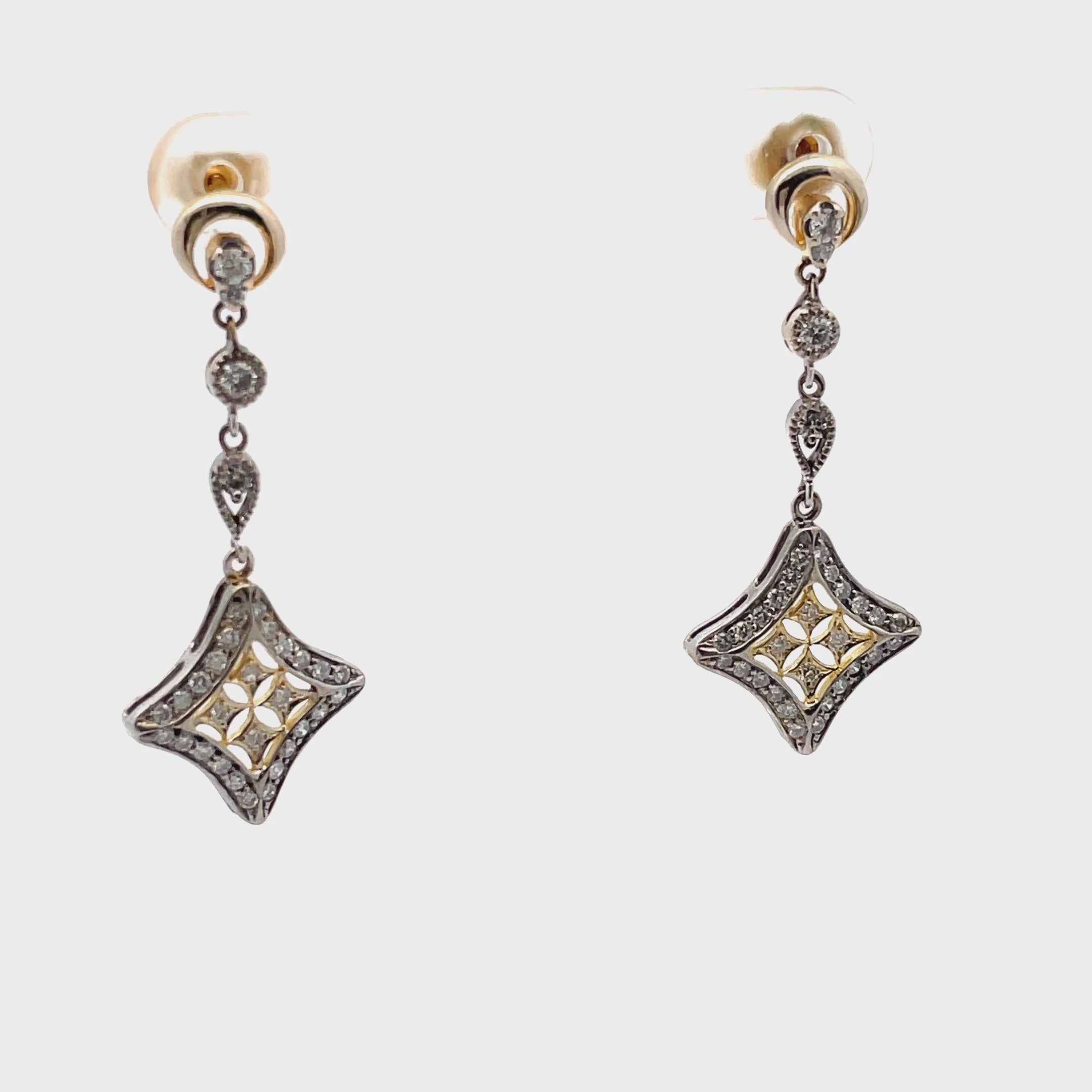 Load video: 14k Yellow and White Gold Two Tone Diamond Shape Drop Earrings with 0.75 Carats Diamonds