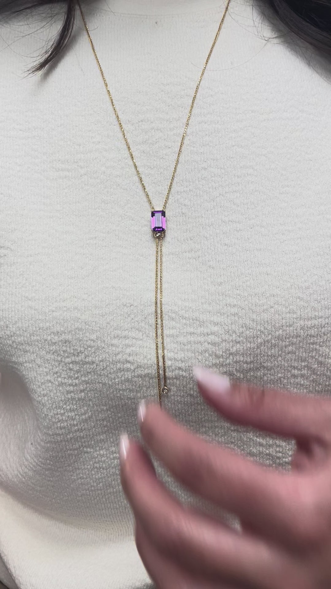 Załaduj wideo: 14K Yellow Gold Long Y-Shaped Necklace with One 4.56 Carat Amethyst &amp; 0.14 Carat Diamonds