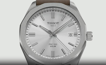 Tissot T151.422.16.031.00 PRC 100 Solar 39mm Watch with Leather Strap and Silver Dial