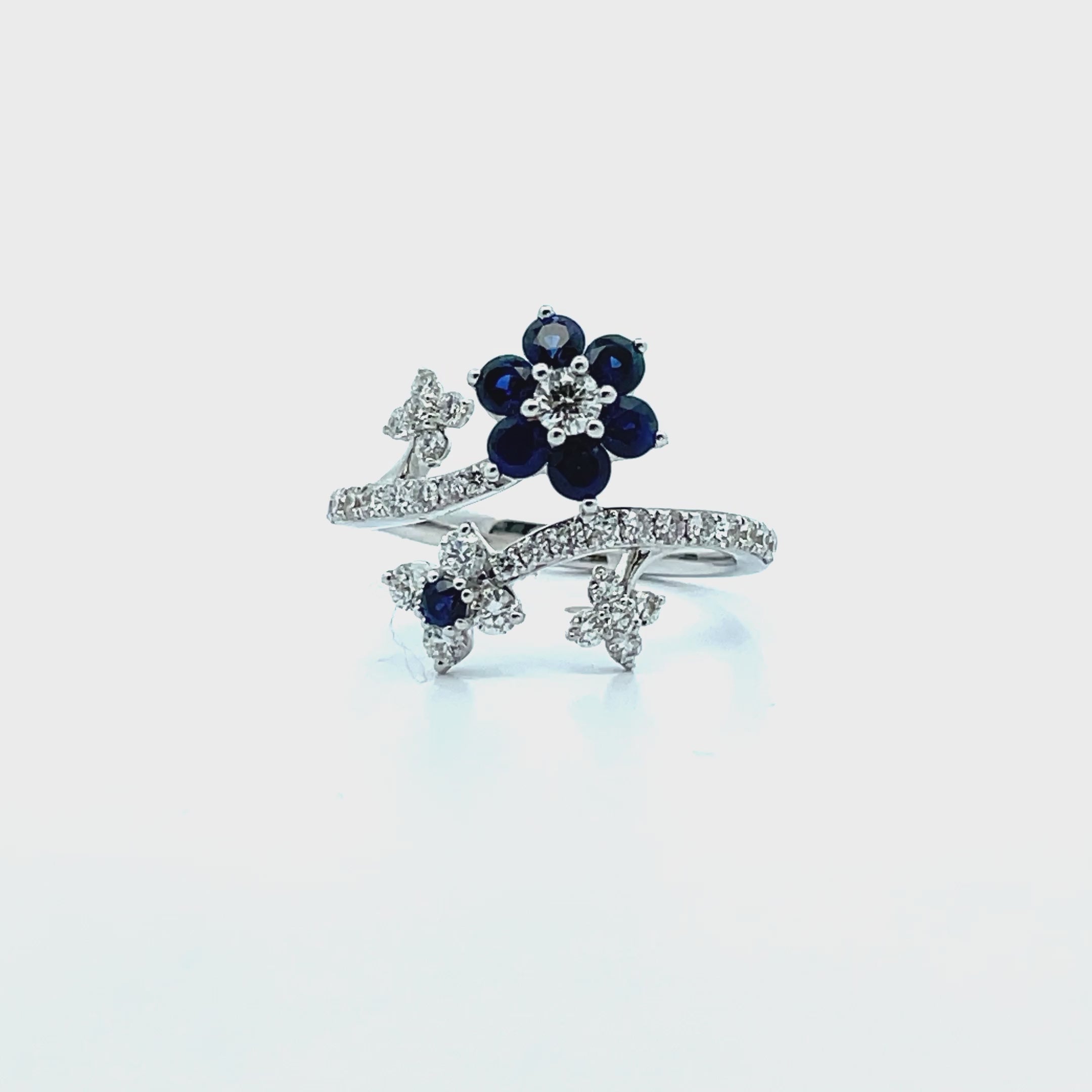 Load video: Simon G. LR3117 18K White Gold Sapphire &amp; Diamond Flower Ring