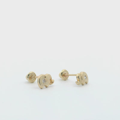 14K Yellow Gold Elephant Earrings with CZ and Screwbacks