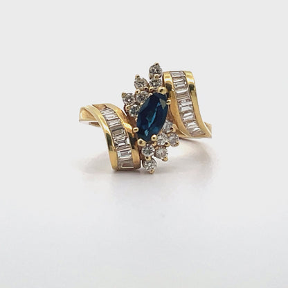 Vintage Marquise Sapphire Ring with Diamonds in 18K Gold