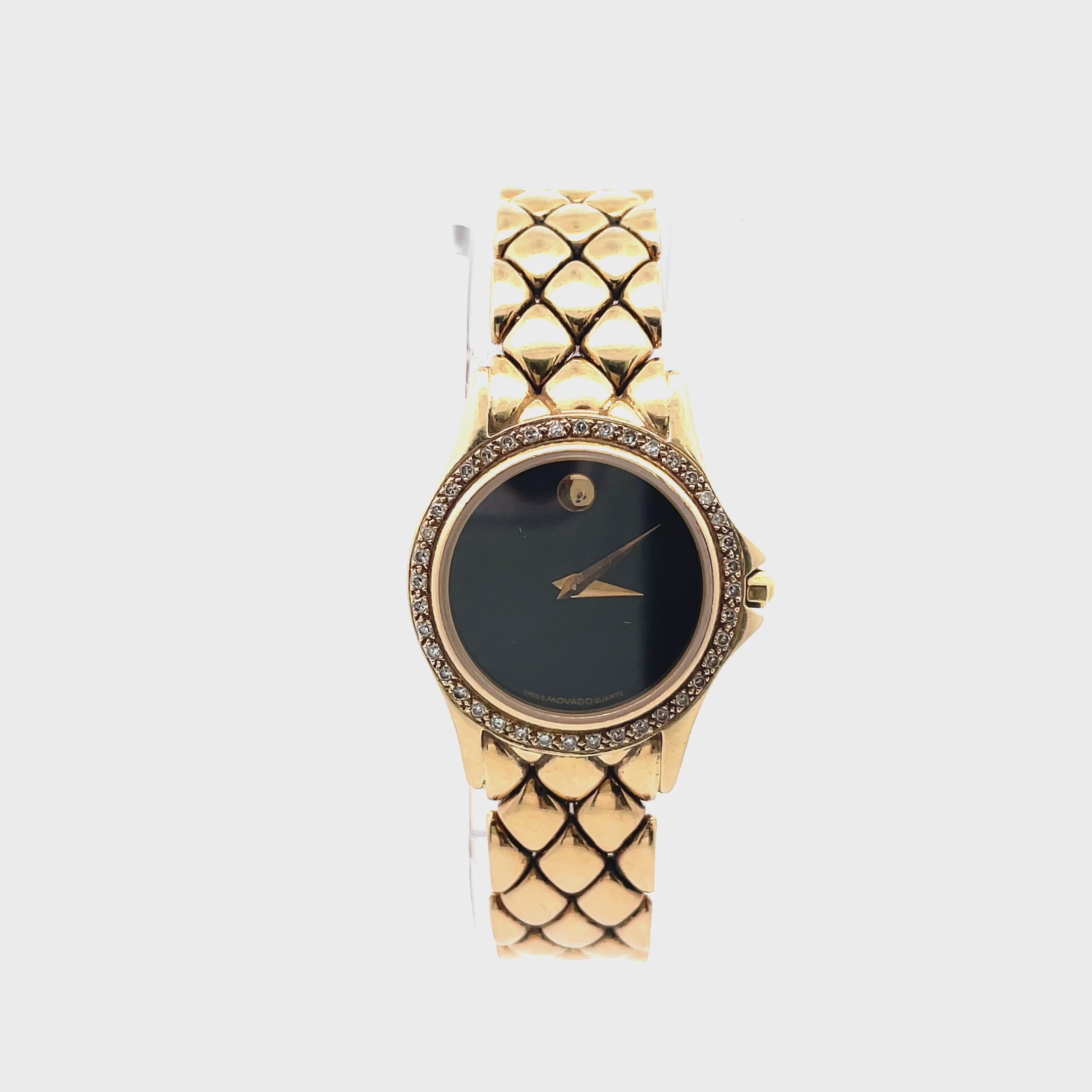 Pre-owned Movado 14K Yellow Gold, 18mm Black Dial with 14K Yellow Gold Band & Diamond Bezel