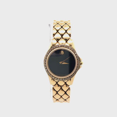 Pre-owned Movado 14K Yellow Gold, 18mm Black Dial with 14K Yellow Gold Band & Diamond Bezel