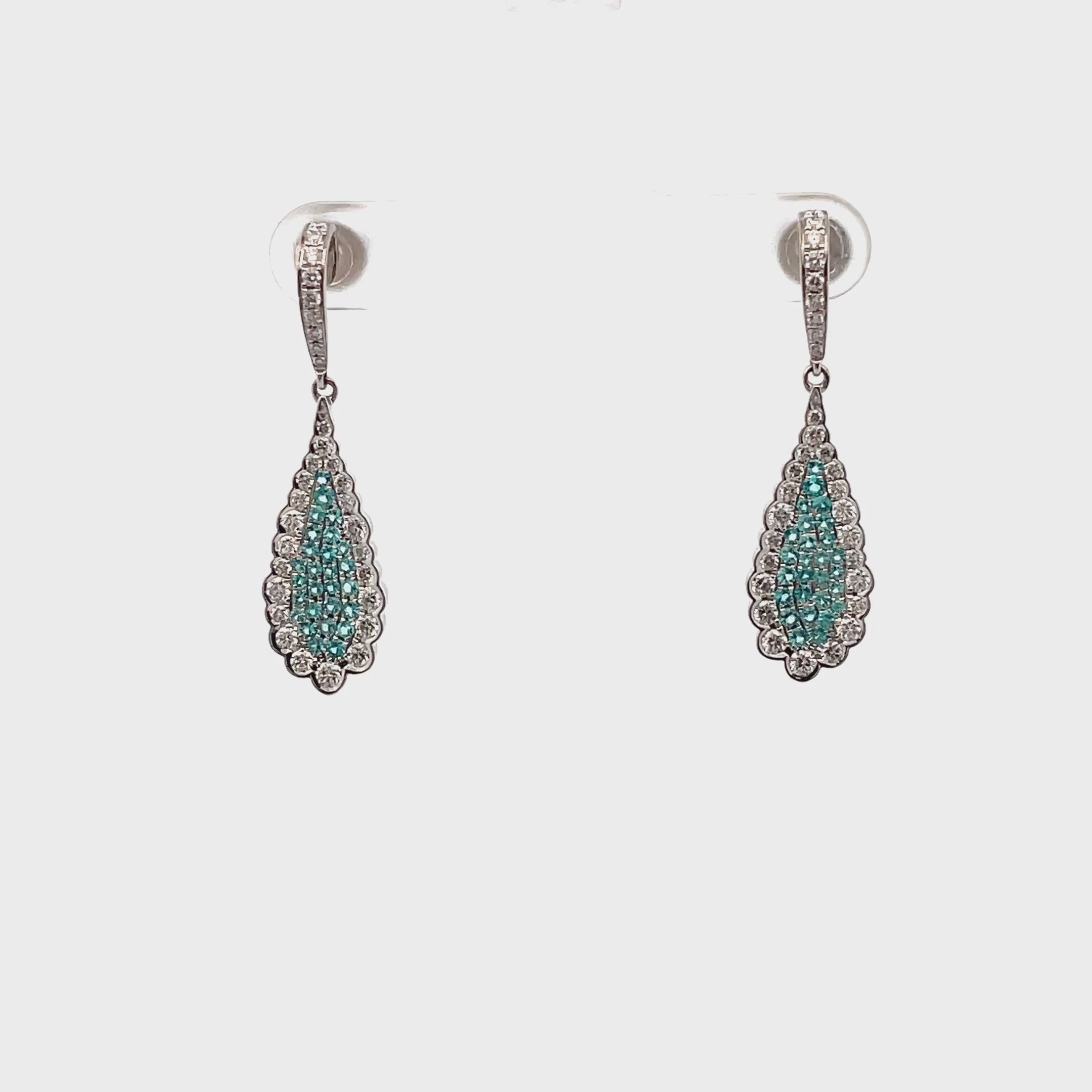 Load video: Simon G. LE4030 18K White Gold Diamond and Paraiba Tourmaline Drop Earrings