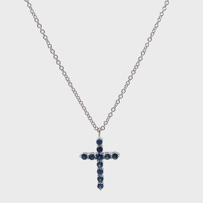 18K White Gold Reversible Blue Sapphire & Diamond Cross Pendant Necklace