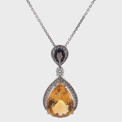 14K White Gold Necklace with 12.28 Carat Citrine, Smokey Topaz and Diamonds