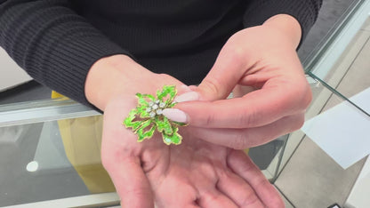 18K Yellow Gold Floral Pin with Green Enamel and Round Diamonds 0.85 Carats