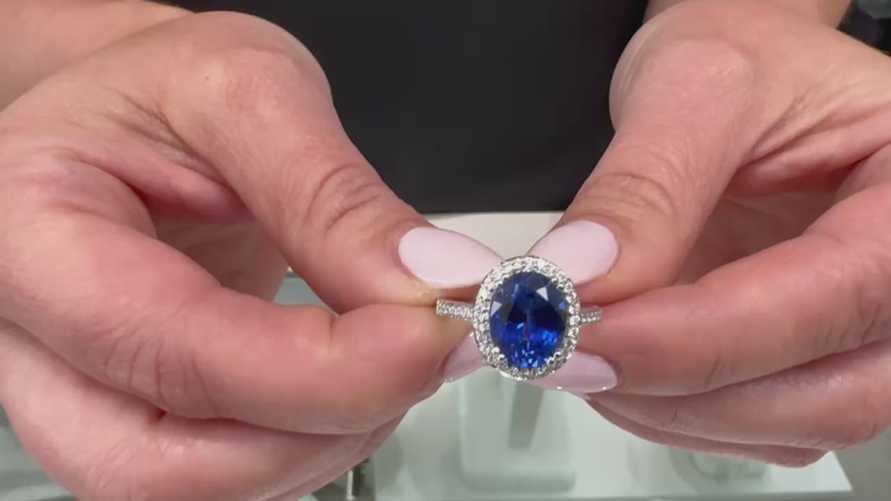 Vanna K 18K White Gold Round Diamonds and Oval Lab Grown Sapphire 3.68 Carats Ring