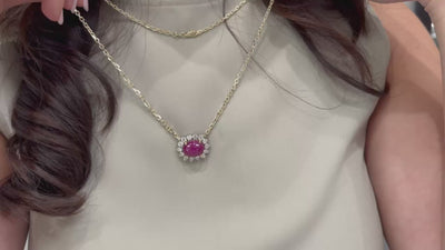 14K & 18K Yellow Gold Cabochon Ruby & Diamond Necklace