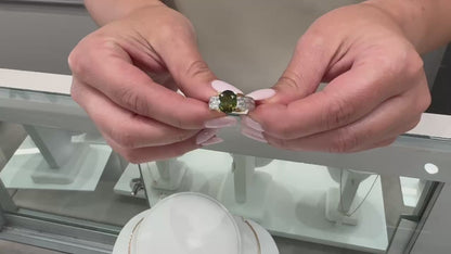 Oval Green Tourmaline Solitaire Ring in Two Tone Hand Engraved Diamond Setting