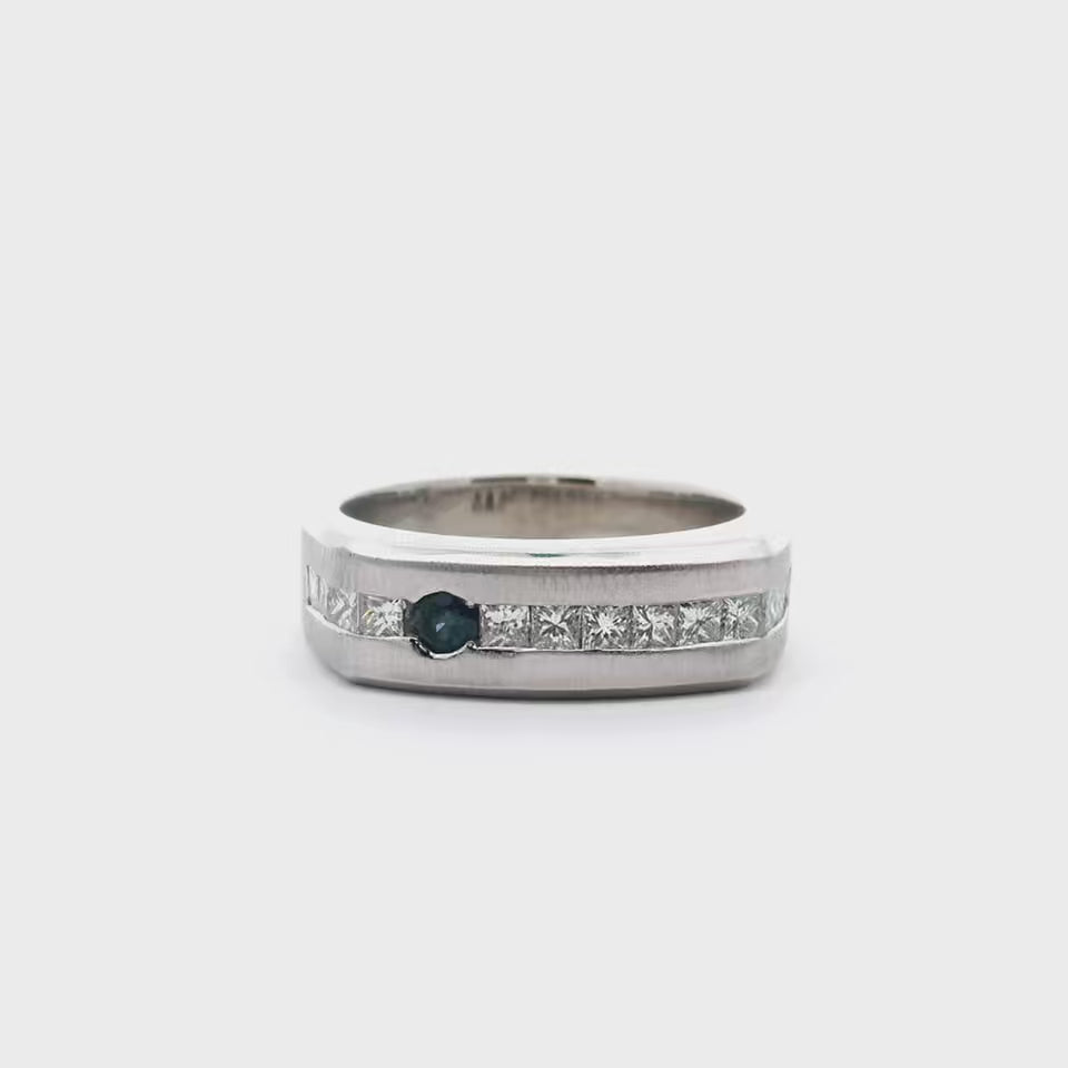 14K White Gold Men's Ring with Sapphire and Diamonds