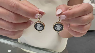 Cherub Drop Earrings in 14K Yellow Gold with Two Round Vintage Wedgwood Jasperware in White and Basalt Black