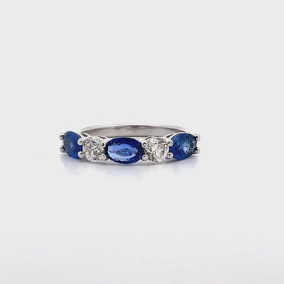 Three Oval Sapphire and Two Diamond Ring in 18K White Gold High Polish Ring