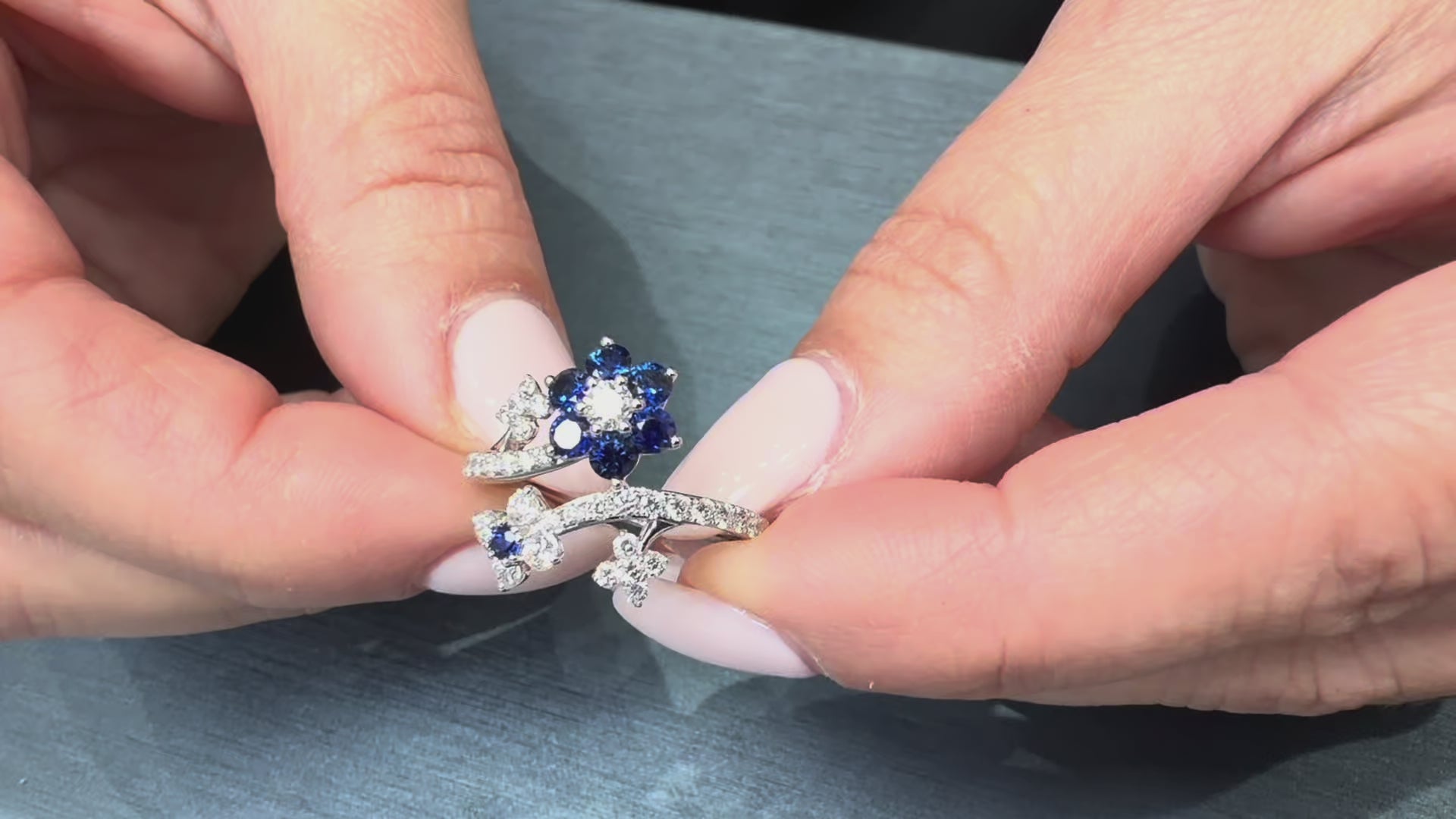 Load video: Simon G. LR3117 18K White Gold Sapphire &amp; Diamond Flower Ring