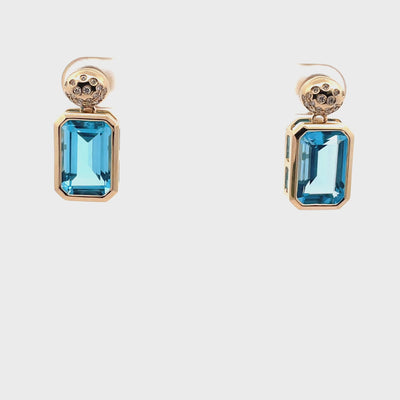 14K Yellow Gold Rectangular Earrings With Two Blue Topazes Totaling 9.84 Carats And Round Diamonds Totaling 0.22 Carats