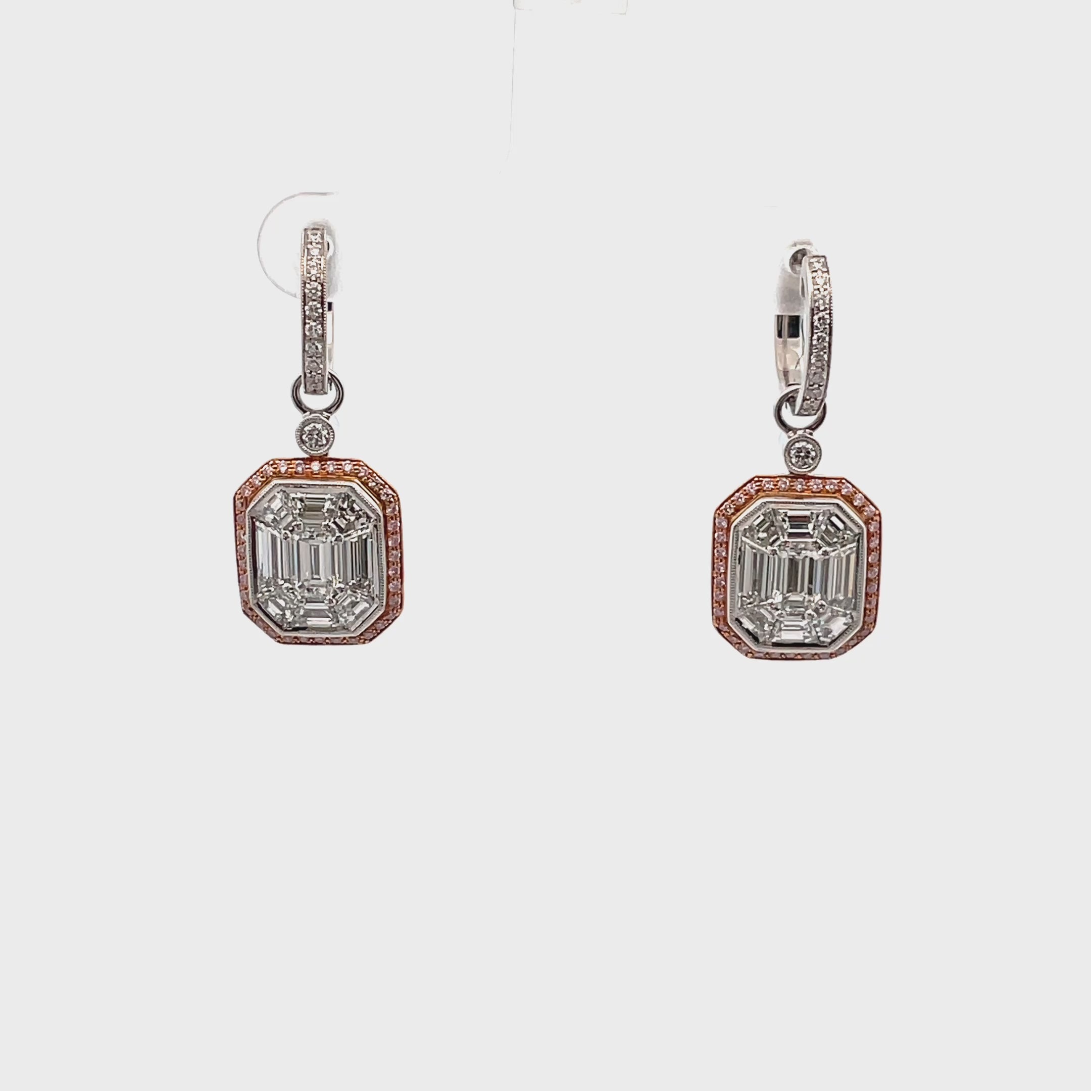 Load video: Simon G. ME2061 18K White &amp; Rose Gold Pink &amp; Mosaic Diamond Drop Earrings