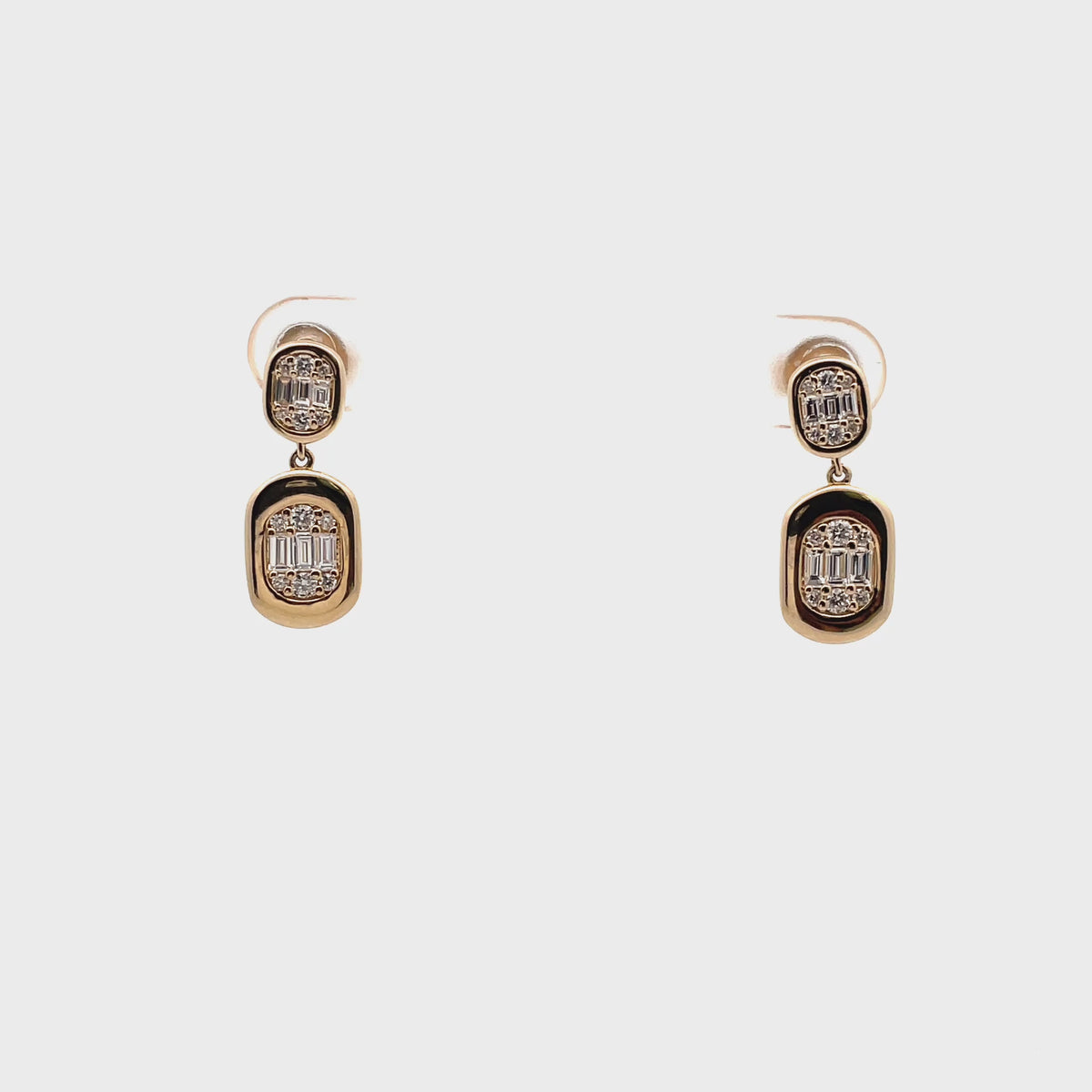 14K Yellow Gold Drop Earrings With Posts, Pushback Closures, Round Diamonds Totaling 0.25 Carats And Baguette Diamonds Totaling 0.40 Carats