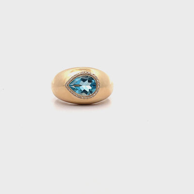 14K Yellow Gold Domed Ring With Diamonds Totaling 0.08 Carat, One Pear Shaped Blue Topaz 1.72 Carats