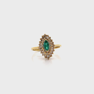 Vintage Marquise 0.30 Carat Emerald in 18K Yellow Gold Cocktail Ballerina Ring with 0.68 Carat Double Halo Diamonds