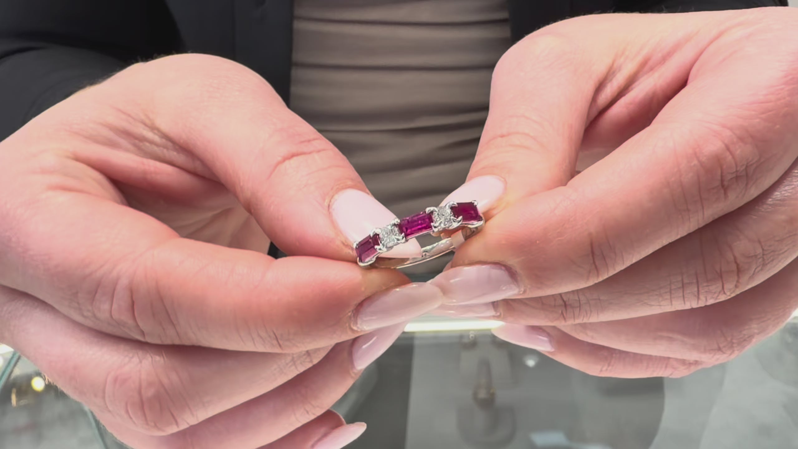 18K White Gold Ring with Single Row Alternating Rubies 0.90 Carats and Diamonds 0.21 Carats