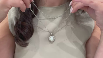 3.60 Ct Oval Opal & Diamond Pendant 14K White Gold Starburst Necklace
