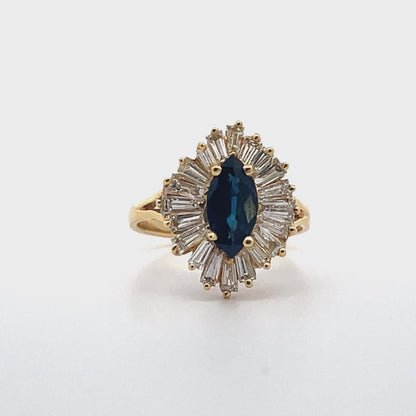 Vintage 1.38 Carat Marquise Sapphire Ring with 1.35 Carat Baguette Halo Diamonds