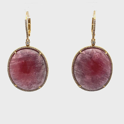 18K Yellow Gold 0.38 carat Diamond & 57.70 carat Pink Sapphire Earrings
