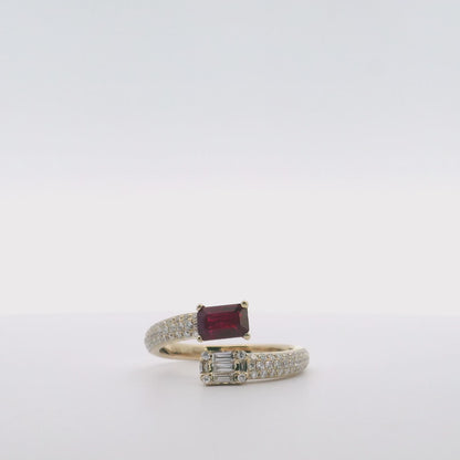 Emerald Cut Diamond and Step Cut Ruby Bypass Ring in 14K Yellow Gold