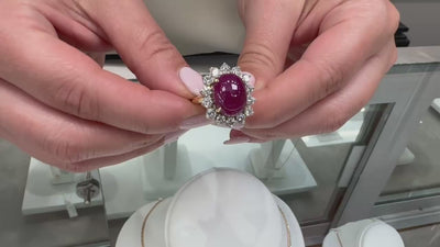 Starburst 18K Yellow Gold Ring, Prong Set Oval Cabochon Ruby & Round Diamonds