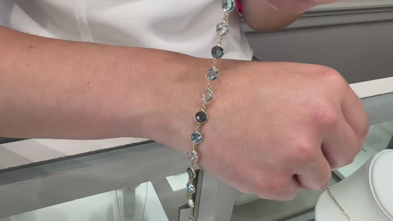 14K Yellow Gold Multi Hue Round Blue Topaz Riviera Bracelet with Extender