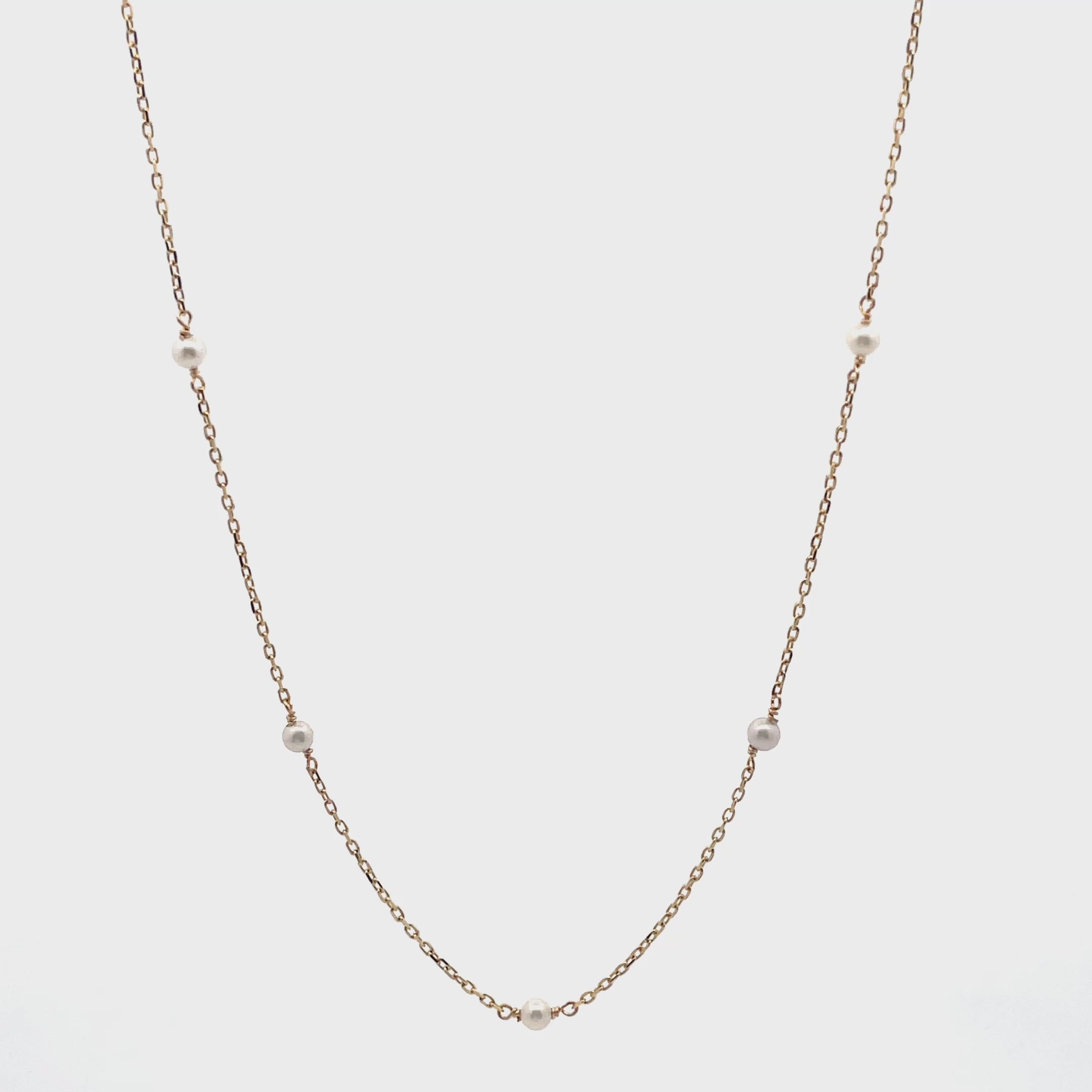 14K Yellow Gold Mini Pearl Necklace, Adjustable Length, 16 inches to 18 inches Long
