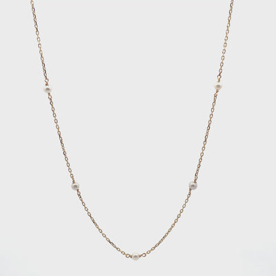 14K Yellow Gold Mini Pearl Necklace, Adjustable Length, 16 inches to 18 inches Long