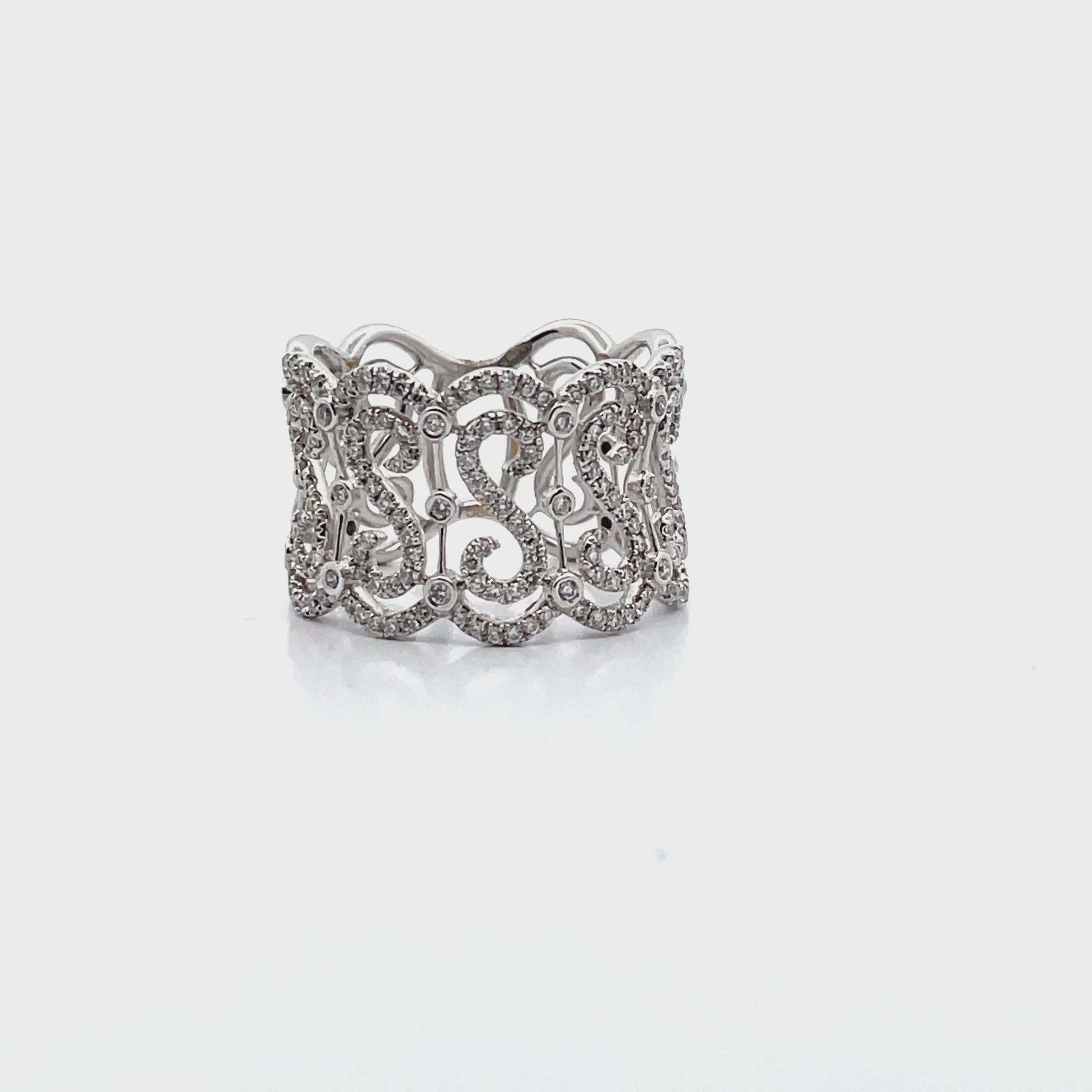 Vanna K Wide 14 Millimeter Diamond Ring in 18K White Gold with Repeating "S" Motif, Round Diamonds Totaling 0.69 Carats