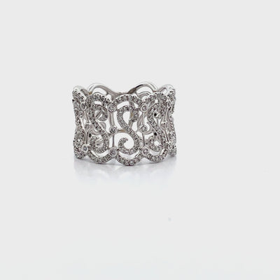 Vanna K Wide 14 Millimeter Diamond Ring in 18K White Gold with Repeating "S" Motif, Round Diamonds Totaling 0.69 Carats