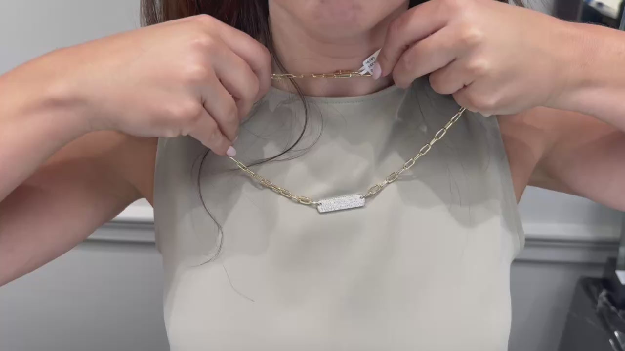 14K Yellow Gold Rounded Paperclip Chain & 1.15 Carat Diamond Bar Necklace