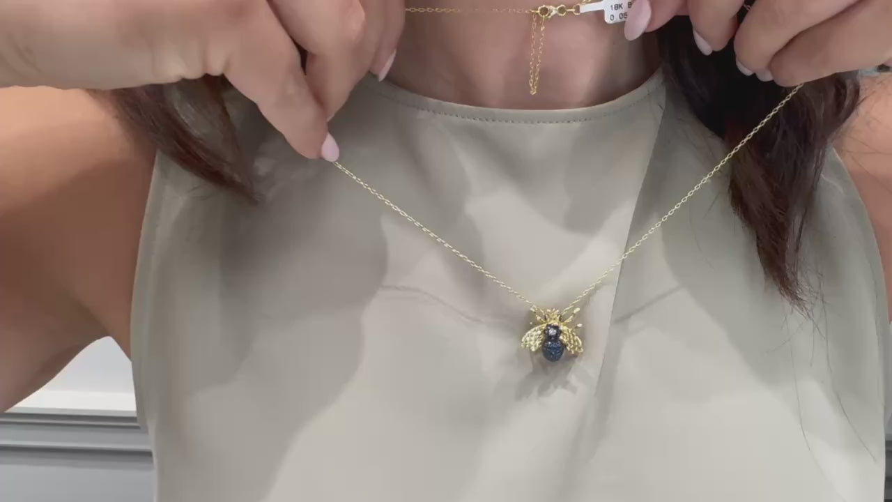 18K Yellow Gold Bee Pendant Necklace with Diamonds & Blue Sapphires