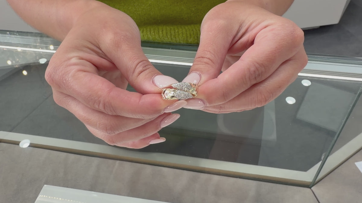 Load video: 14K Yellow Gold Bypass Ring With Scaled Design, Tapered Ends And Round Diamonds Totaling 0.30 Carats
