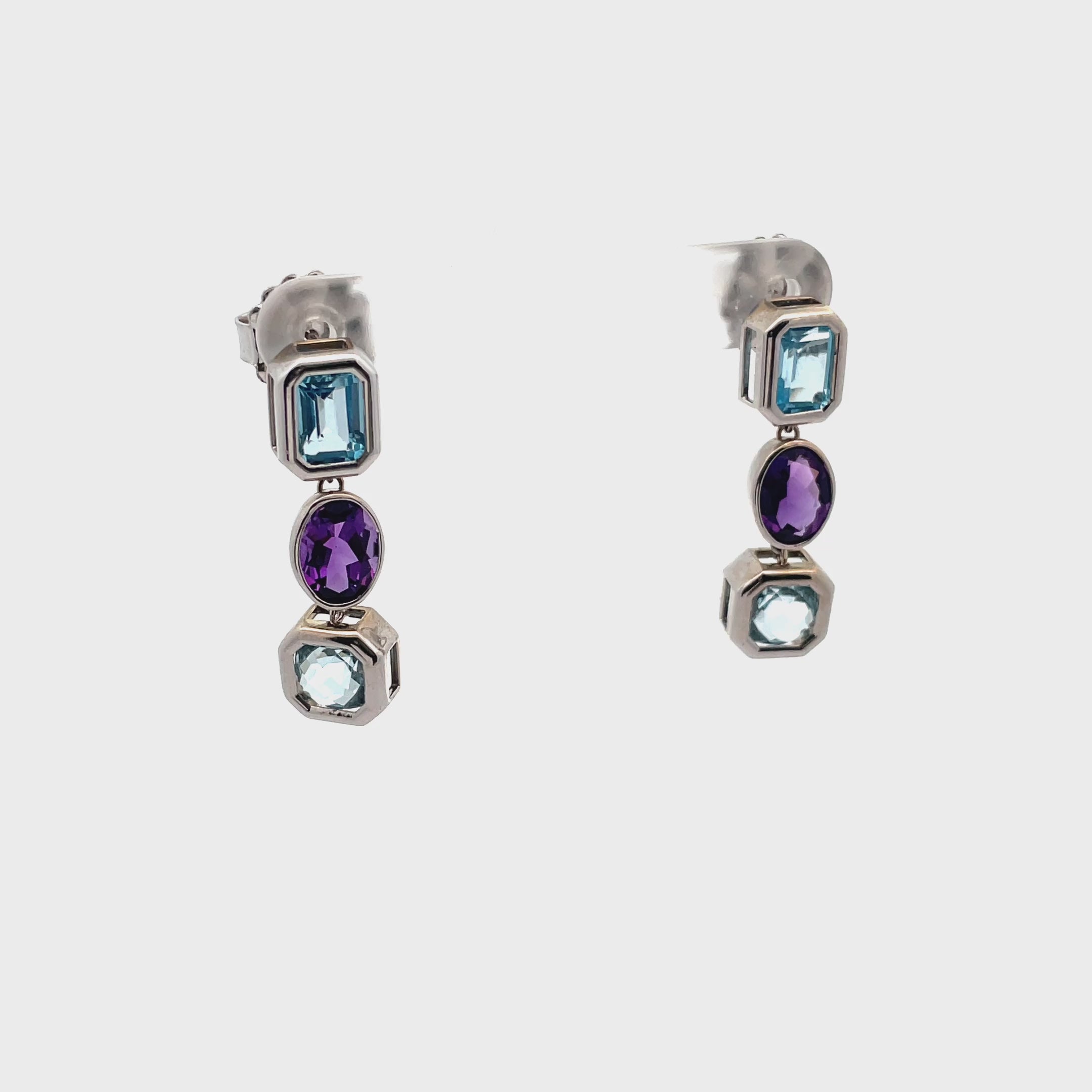14K White Gold Amethyst & Blue Topaz Dangle Earrings