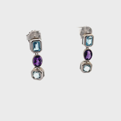 14K White Gold Amethyst & Blue Topaz Dangle Earrings