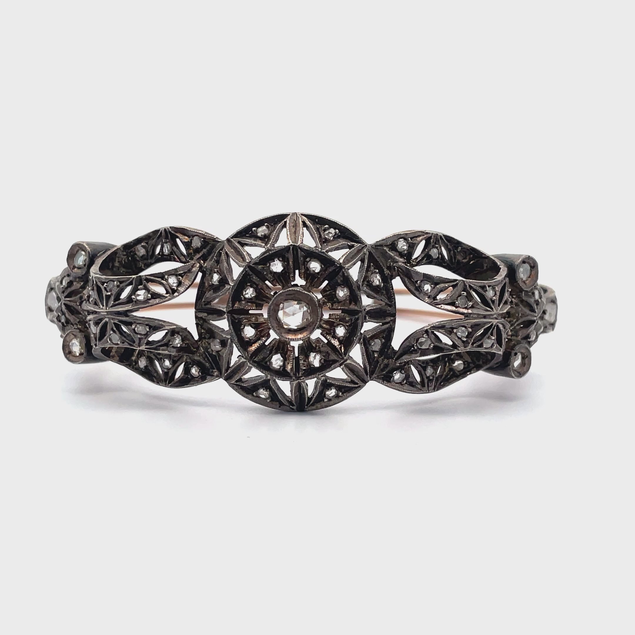 Vintage Hinged Bangle Bracelets, Rose Gold and Silver, Rough Diamonds, Compass Design