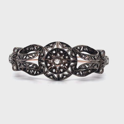 Vintage Hinged Bangle Bracelets, Rose Gold and Silver, Rough Diamonds, Compass Design