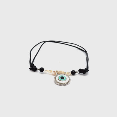 Sterling Silver Evil Eye Bolo Bracelet with Black Adjustable Cord, Cubic Zirconia, Black Onyx and Mother of Pearl