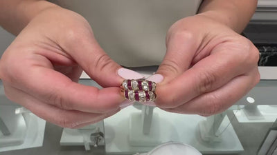 Candy Cane 14K Yellow Gold Two Row Ruby and Diamond Baguette Right Hand Ring