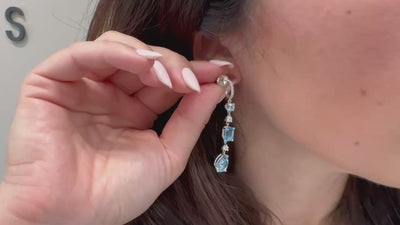 14K White Gold Blue Topaz and Diamond Dangling Earrings