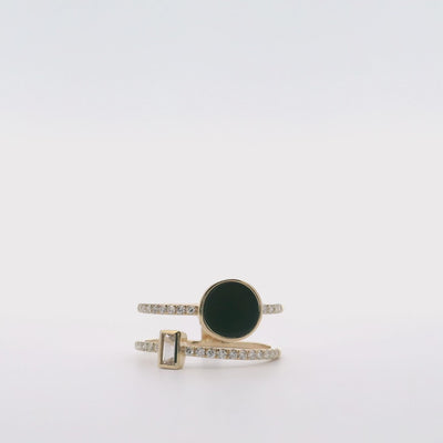 Round Black Onyx & Baguette White Topaz 14K Yellow Gold Double Row Diamond Ring
