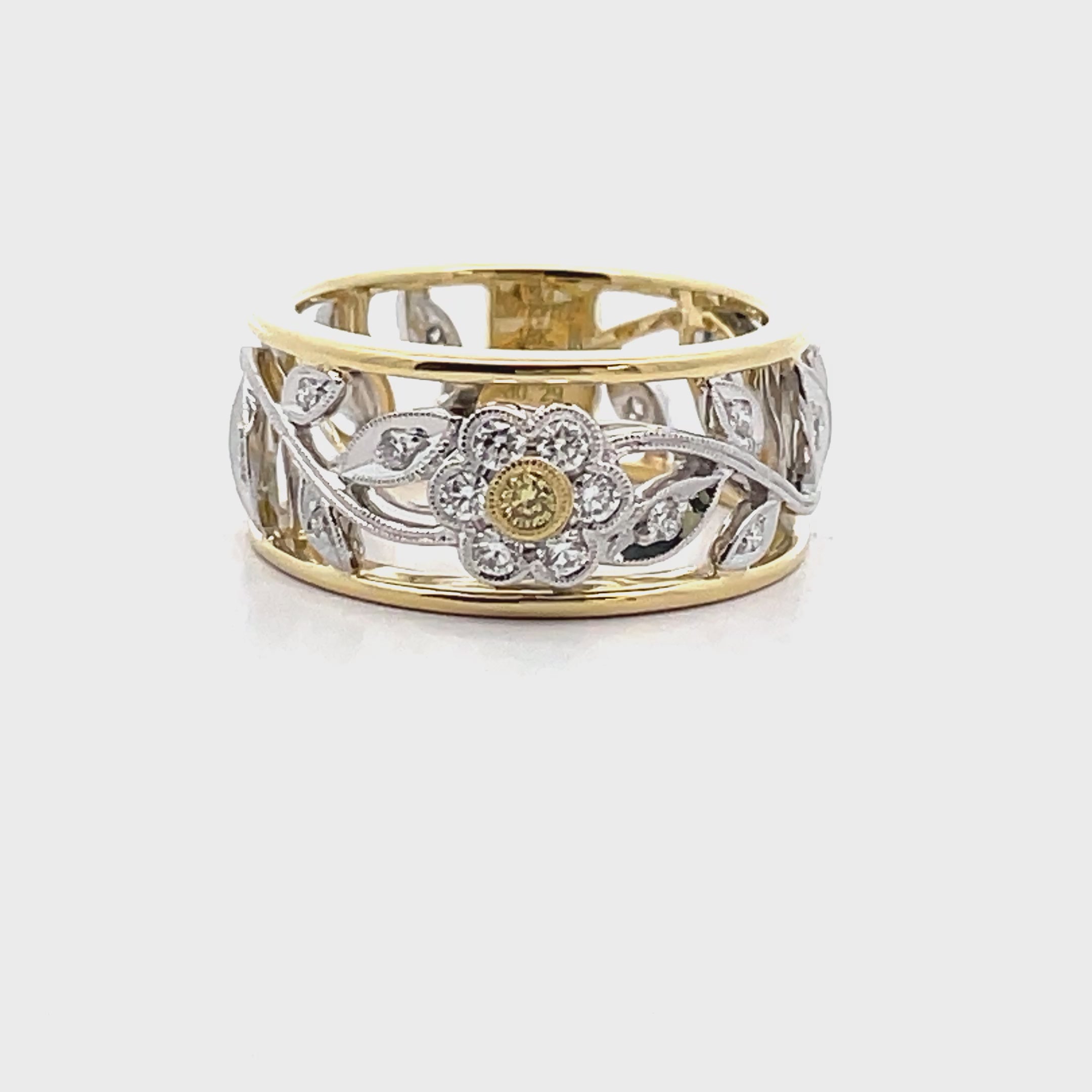 Load video: Simon G. MR1000 18K Two Tone Gold White &amp; Yellow Diamond Floral Ring