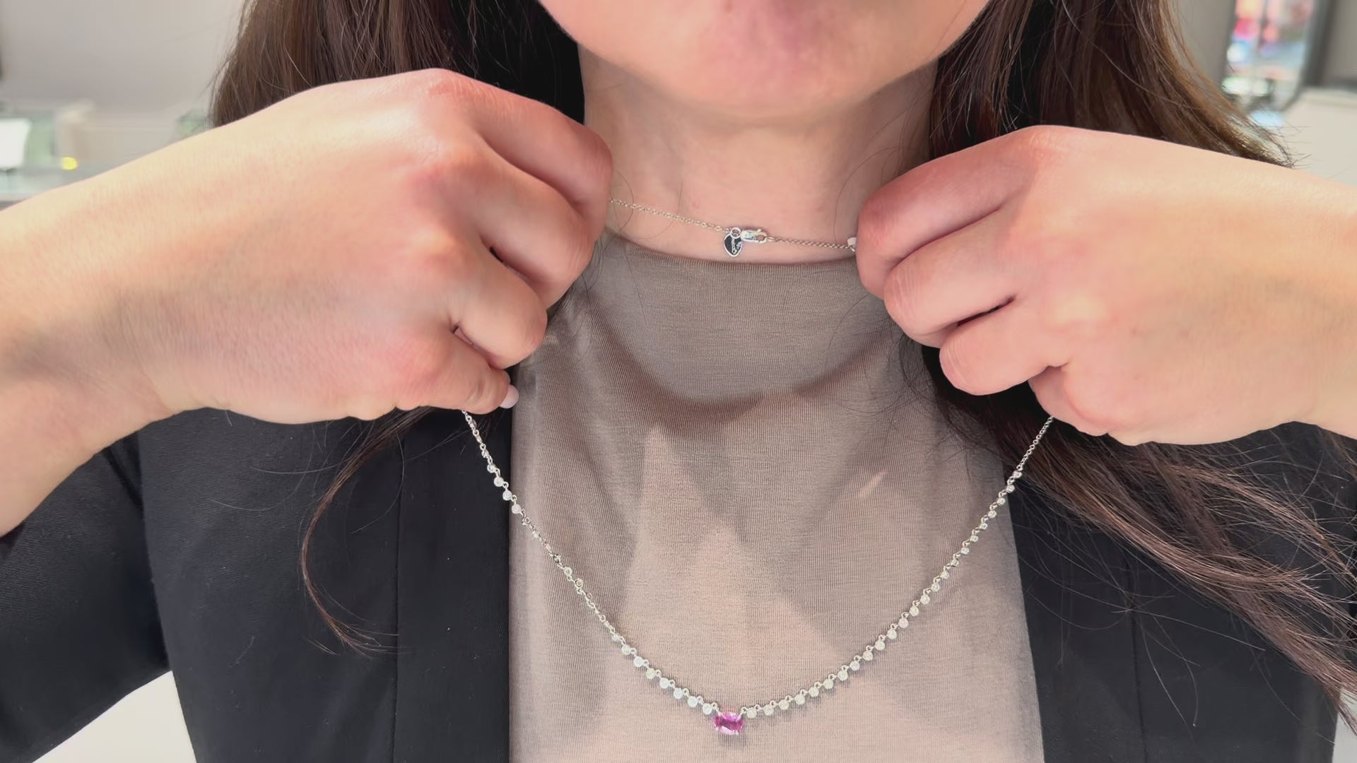 Load video: Meira T N13975/WP 14K White Gold Diamond &amp; Pink Sapphire Necklace